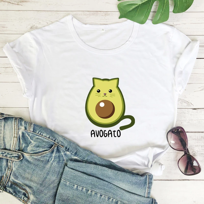 Цветная Вегетарианская футболка Avogato Cat 100% хлопок милая с авокадо смешная Женская