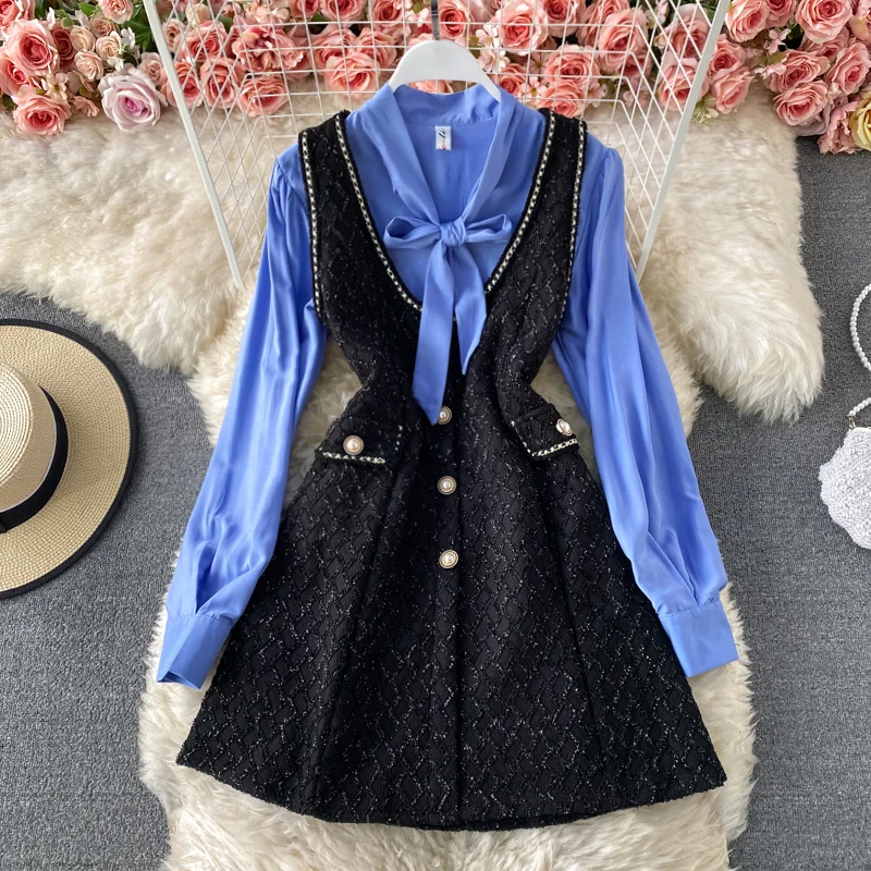 

French age-reducing temperament bubble sleeve bow tie shirt two-piece suit vest skirt V-neck A-line dress spring