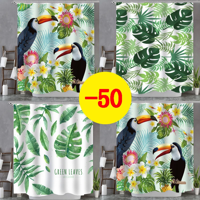 

Green Plants bird Shower Curtains leaf tropical plant carpet bathroom waterproof printing shower curtainCurtain home decoration