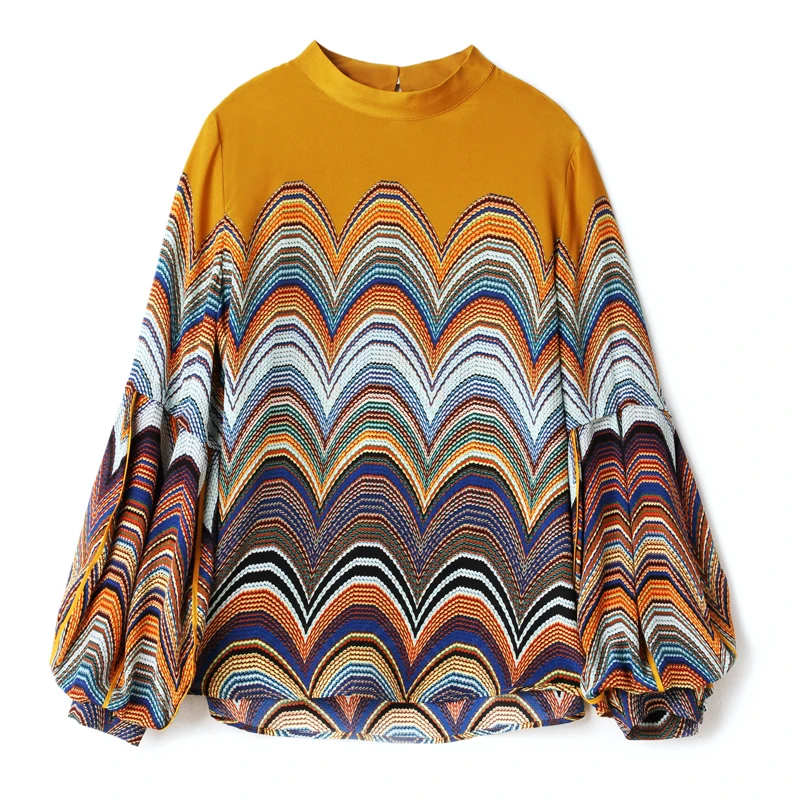 

100% Silk Women's Shirt O Neck Long Lantern Sleeves Printed Fashion Casual Pullover Blouse Tops