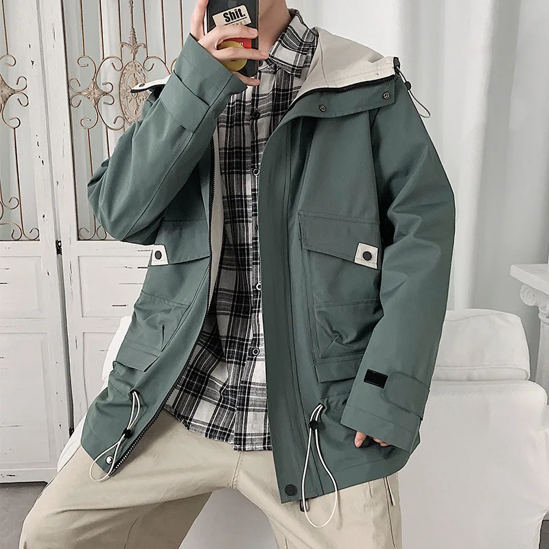 

Male Spring and Fall Hip Hop Harajuku Style Tooling Jacket Loose Casual Hoodie Big Pocket Men Mid-length Solid Color Jacket