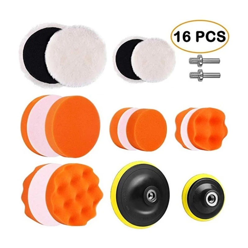 

16Pcs 3 Inch Car Polishing Waxing Sponge Pad Kit Wool Polishing Disc Electric Drill M10 Adapter Car Wash Auto Detailing Cleaning