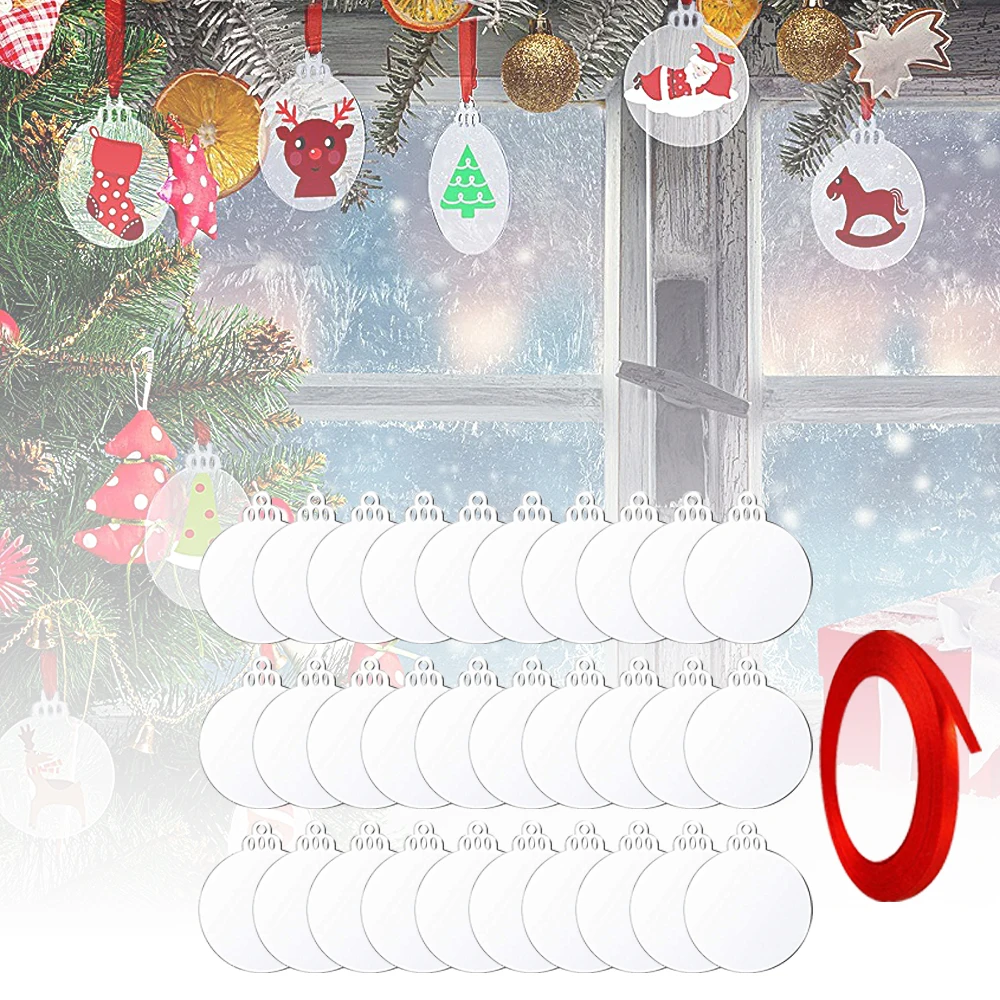 

30Pcs Acrylic Blank Transparent with Red Ribbon Crafts Diy Blank Christmas Dwarf Tree Decorations New Year Xmas Decor