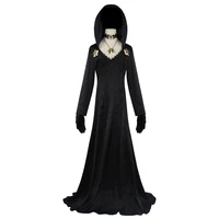 2021 witch vampire halloween scary black long women dress cosplay costume party carnival suit with metal necklace corsage gloves