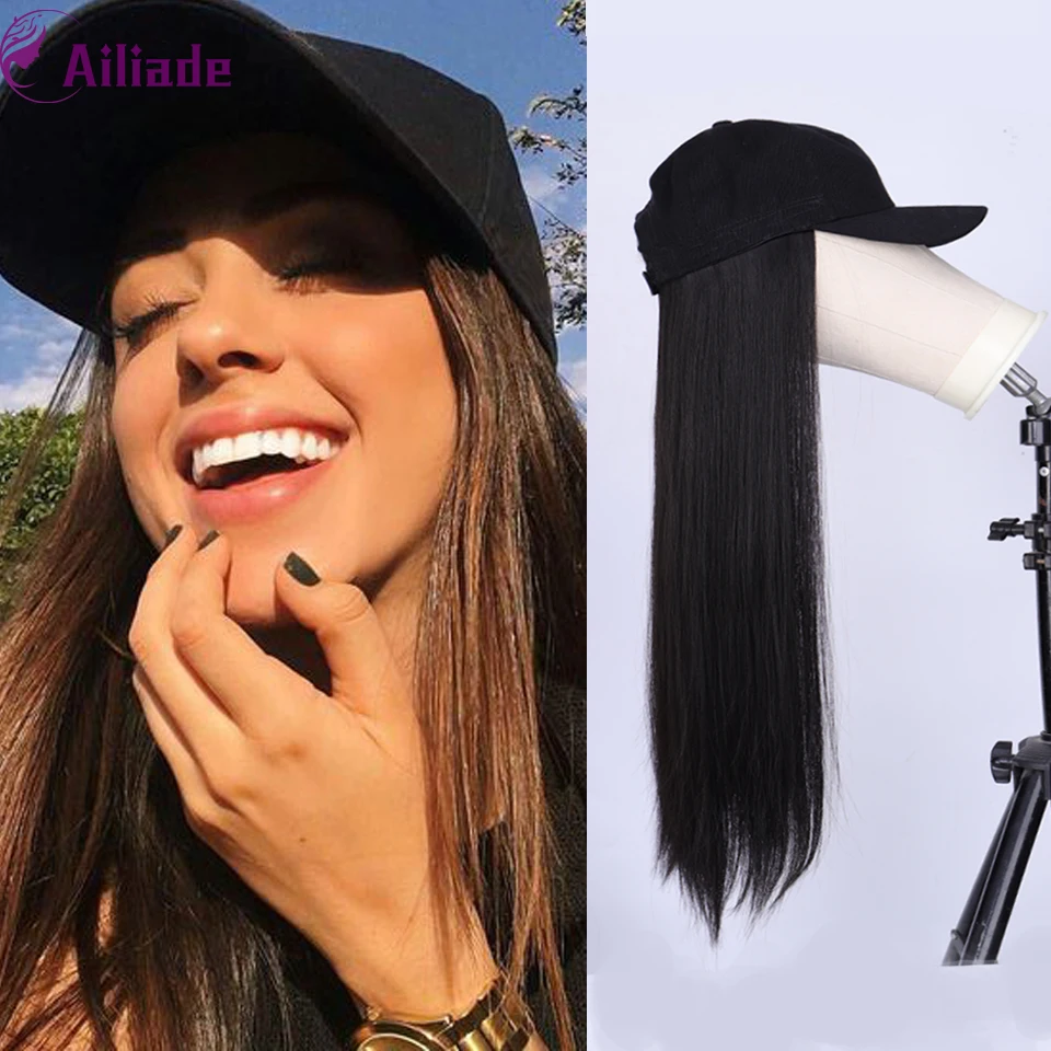 AILIADE длинная шляпа парик натуральный черный прямые волосы и естественное