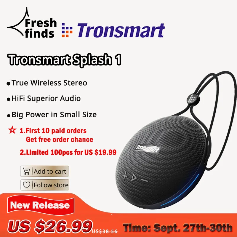  Tronsmart Splash 1 колонка беспроводная портативная динамики, водонепроницаемая, IPX7, 24 часа воспроизведения 