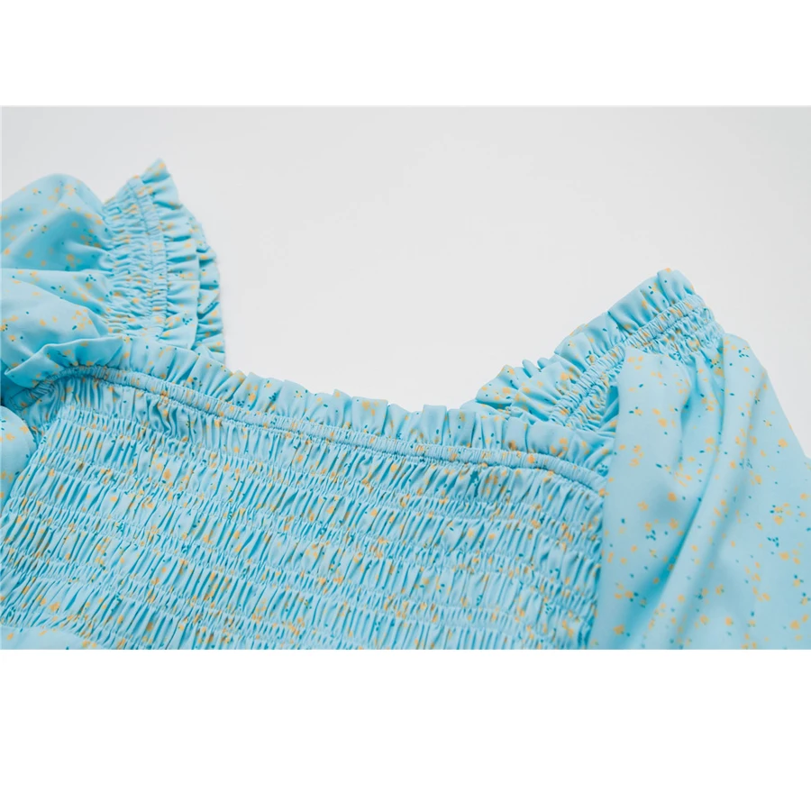 

21 Summer French square neck Retro Defined waist Slim short sleeve dress floral puff sleeve Mini skirt girl women summer dress