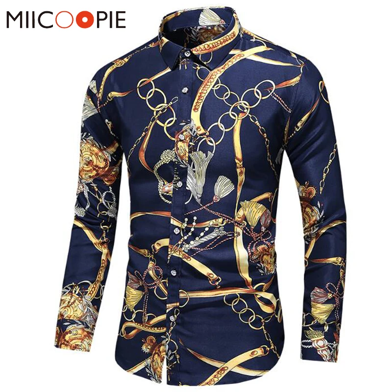 

Luxury Men Dress Shirts 2020 Casual Chain Printed Slim Camisa Social Longs Sleeve Shirts Mens Big Size Business Office Shirt 7XL