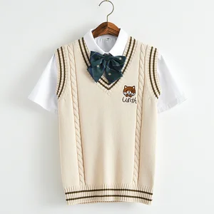 Японский кавайный вязаный свитер для женщин, винтажная школьная форма для девочек-подростков, жилет, джемпер без рукавов с вышитым мультяшным медведем