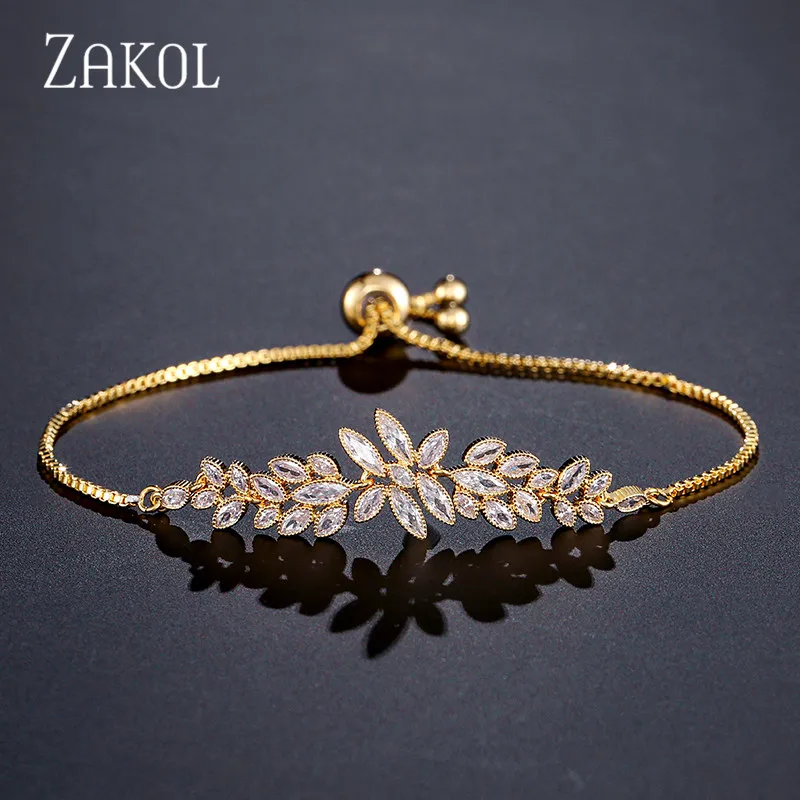 Gold Color Бренд ZAKOL Роскошный Цветочный Дизайн Кубический Цирконий Кристалл Циркон регулируемый шнурок браслеты для женщин ювелирные изделия подарки FSBP2096 - Окраска металла: Gold Color