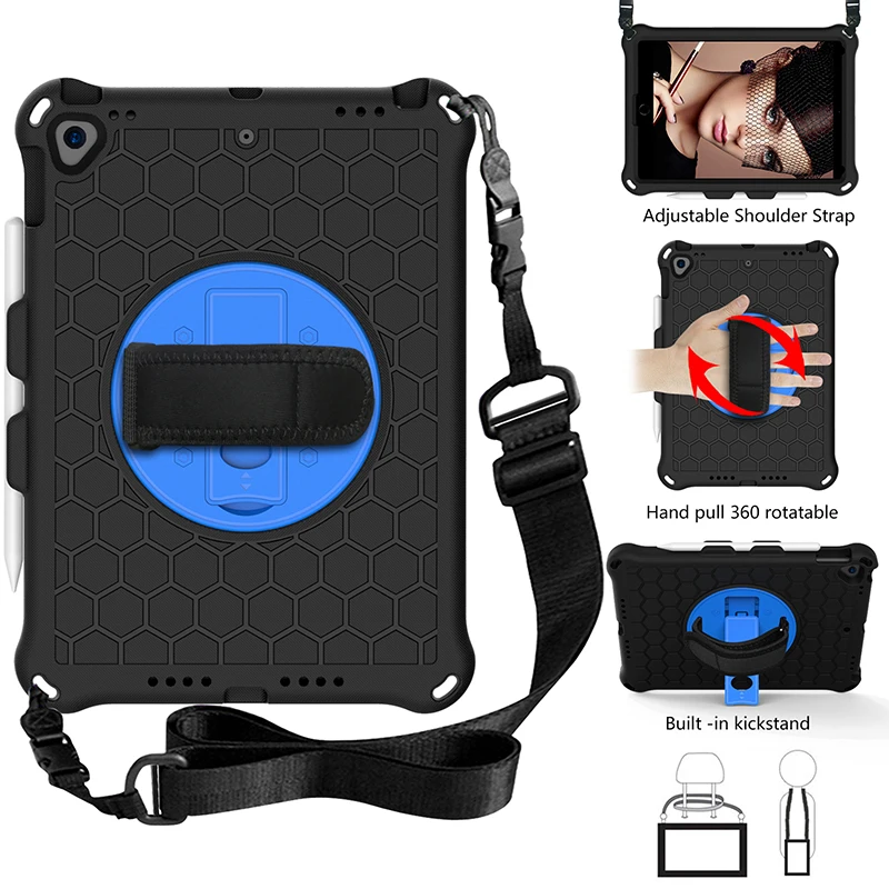 

For iPad 10.2 9th 8th 7th Shockproof Case Air 3 10.5 Pro 10.5 2017 Kids EVA Cover with Rotatable Stand and Shoulder Strap