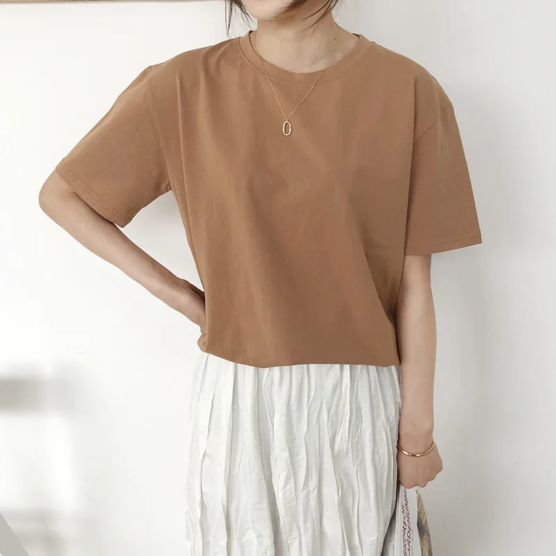 Женские хлопковые футболки с круглым вырезом повседневные Летние однотонные