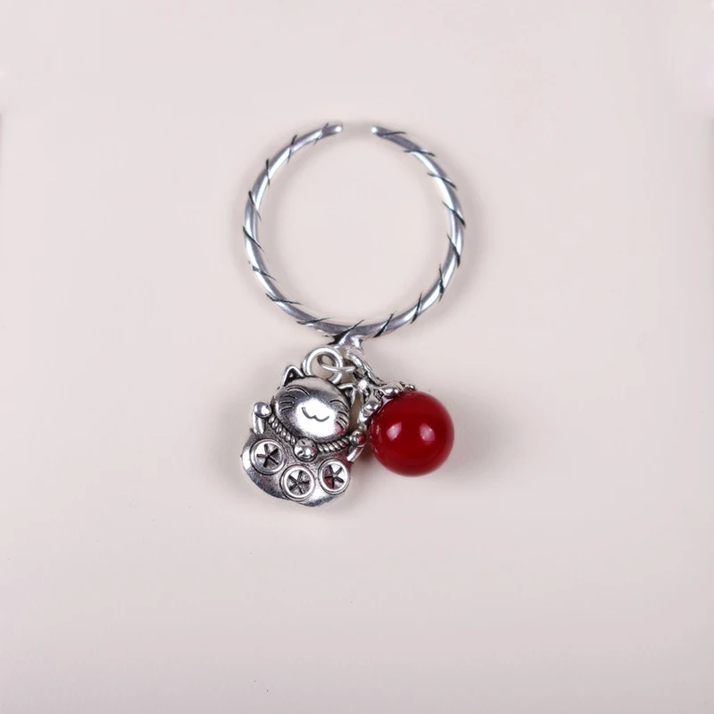 

Retro Style Silver Cat Ring 925 Garnet Lucky Fortune Cat Adjustable ring For Women Girl Gift Fashion Jewelry Wholesale