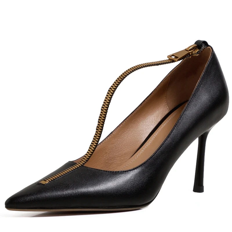 

Autuspin 34-41 Women Fashion Shallow Thin Heels for Female Genuine Leather Zipper Pumps Office Lady Working Party Sexy Shoes
