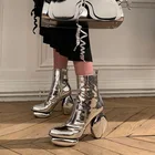 Модные новые осенне-зимние женские сапоги с острым носком на высоком каблуке короткие сапоги на форме каблука черные Серебристые