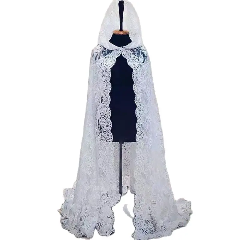 

2021 Lace Hooded Wedding Cloak Custom Made Bridal Cape with Appliqued Sweep Train Lady Evening Prom Party Long Wrap