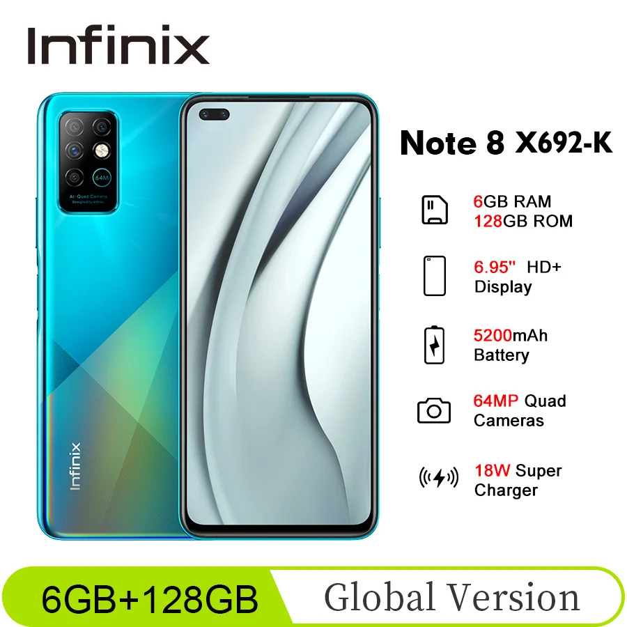 Глобальная версия Infinix Note 8 X692 K 6 ГБ 128 95 ''HD + 20 5: 9 64MP 18 Вт быстрый заряд Helio G80 Octa Core