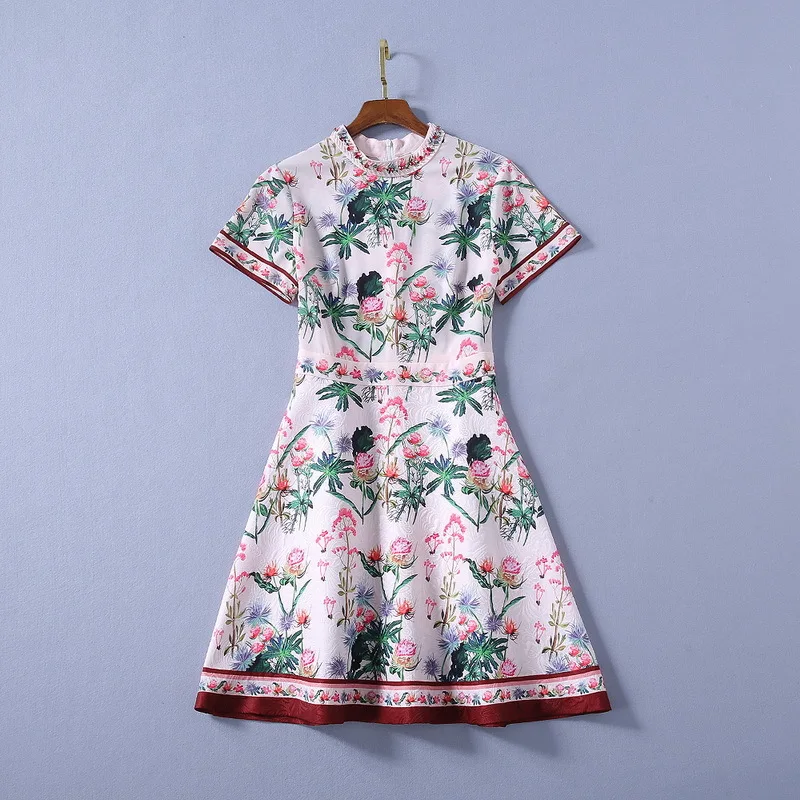 

1106 2021 Free Shipping Spring Dress Crew New Short Sleeve Flora Print Empire Fashion Womens Clothes SH