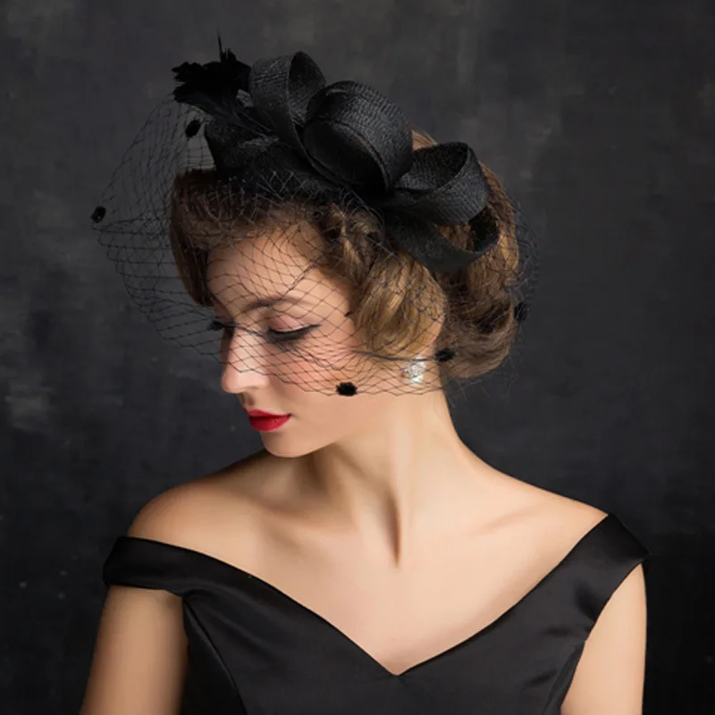

2021 New Arrival Top Hat Female Briton Versatile Black Linen Women Feather Veil Handmade Headdress Photography
