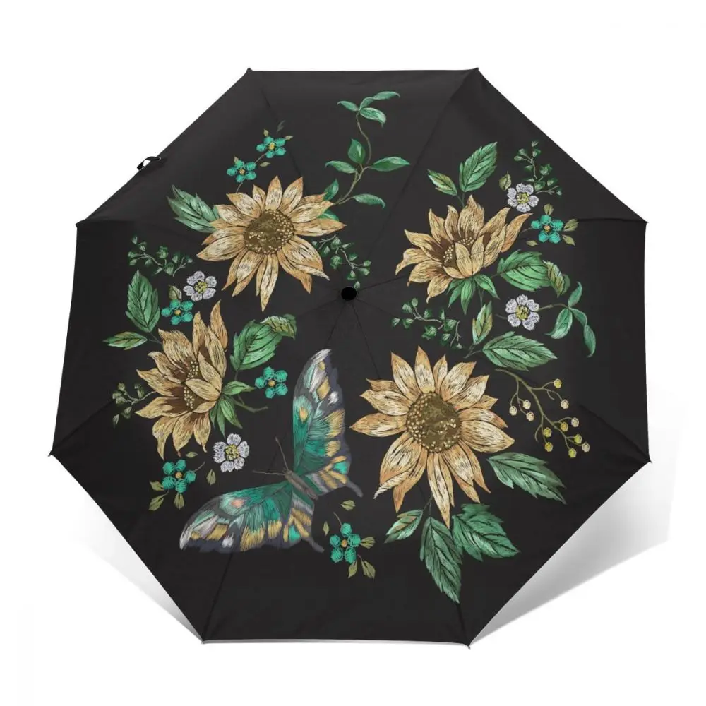 Ветроустойчивый полностью автоматический зонт с вышивкой Подсолнухи и бабочка