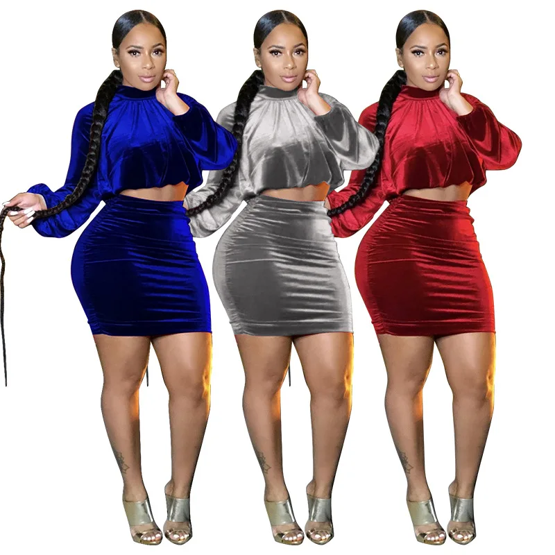 

Adogirl Velvet Skirt Suit Solid Color Lantren Sleeve Turtleneck Crop Top and Bodycon Fold Skirt High Street Wear Matching Set