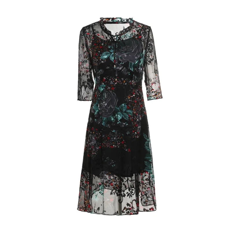 Летнее платье в стиле ретро для женщин Сетчатое с цветочным рисунком элегантное