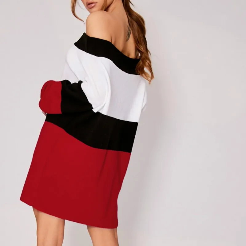 2019 сексуальное Полосатое свободное мини-платье с длинным рукавом и открытыми