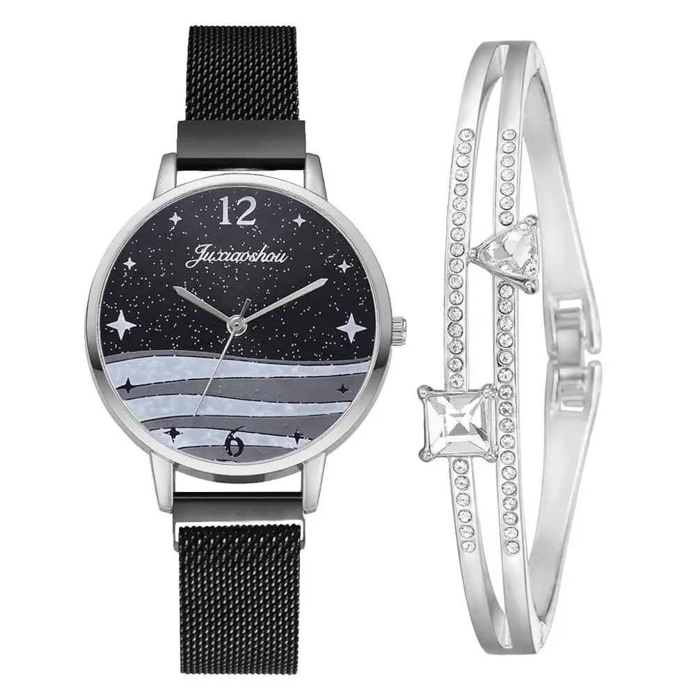 

2pcs/set Women Watches Black Bracelet Set Starry sky Magnet Watch Ladies Bracelet Wrist Watches Luxury Quartz Clock reloj mujer