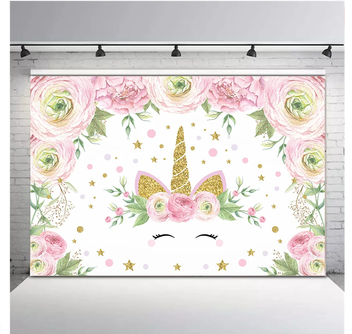

HUAYI фотография Фон Единорог детский душ розовый цветочный блестящий день рождения десерт стол Декор баннер фото фон