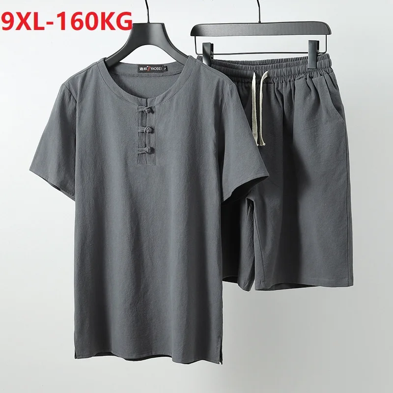 

summer Men T-shirt short sleeve and shorts homewear linen cotton Chinese style tees plus size 7XL 8XL 9XL vintage Tang suit tops