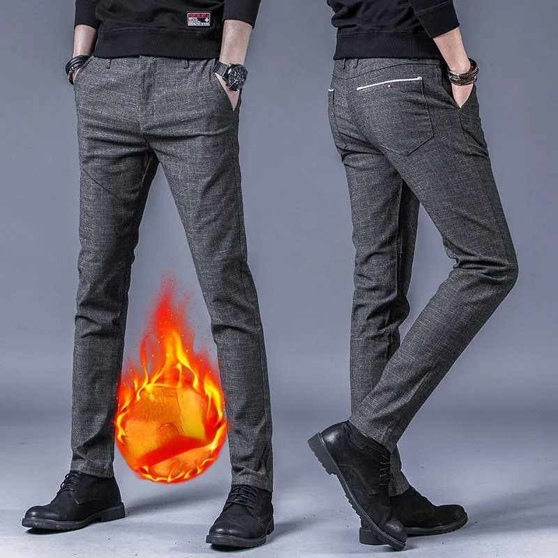 

Brand Men's Winter Fleece Thick Warm Casual Elastic Long Trousers Men Gray Cotton Business Straight Work Pant for Male Clothing