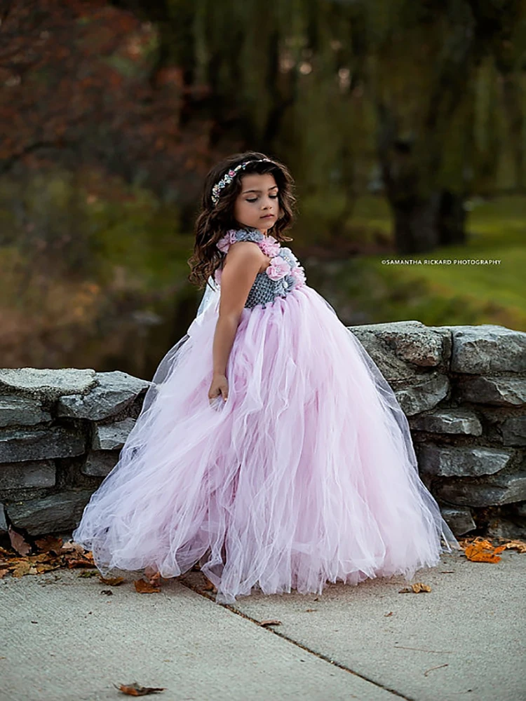 Pink and Grey Flower Girl Tutu Dress Wedding Tulle Girls Dresses Robe Demoiselle Rose Kids Clothes | Детская одежда и обувь