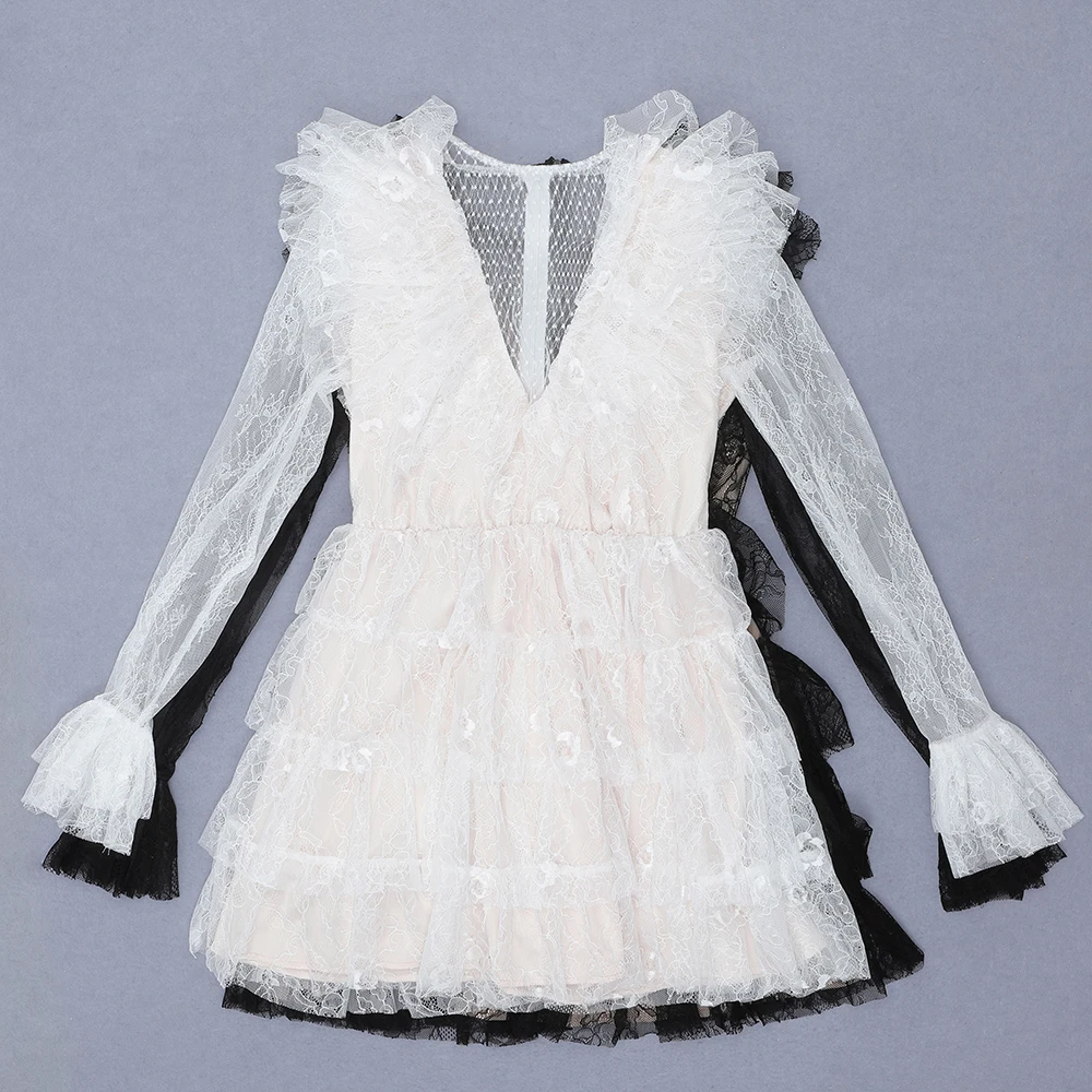 

Ailigou 2021 New Summer Long Sleeve Bodycon Mini Dress Ladies Sexy See-Through Lace White Belt Celebrity Party Dress Vestidos