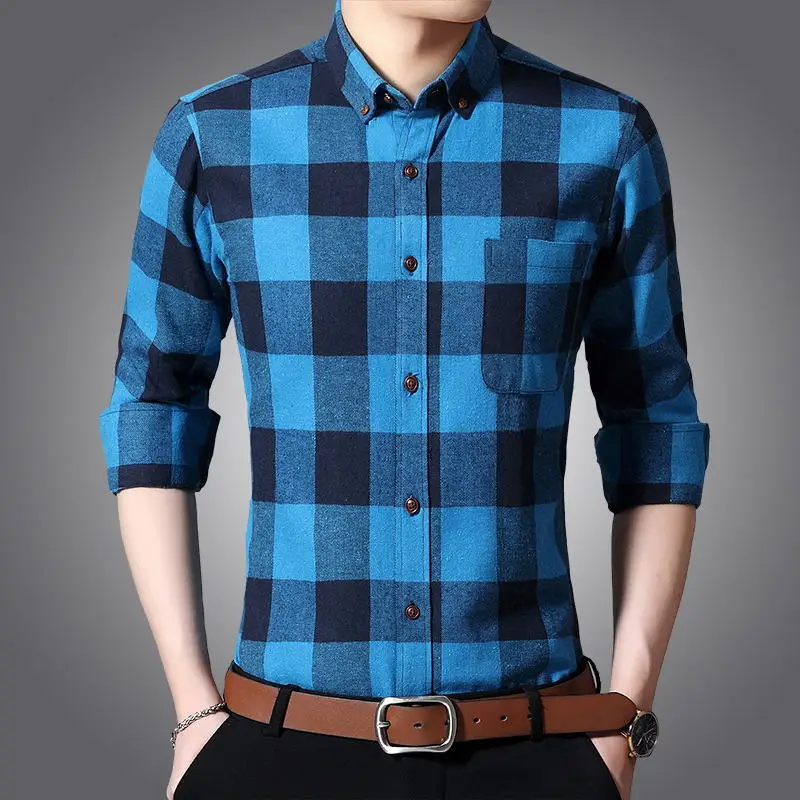 Мужская Фланелевая рубашка в клетку хлопок весна-осень 2019 Повседневная с длинным