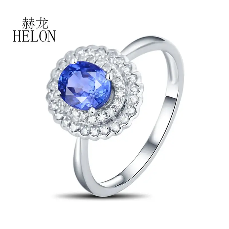 

HELON Solid 18k White Gold AU750 Certified Oval 6X5mm Natural Sapphire Diamonds Women Party Jewelry Engagement wedding Ring