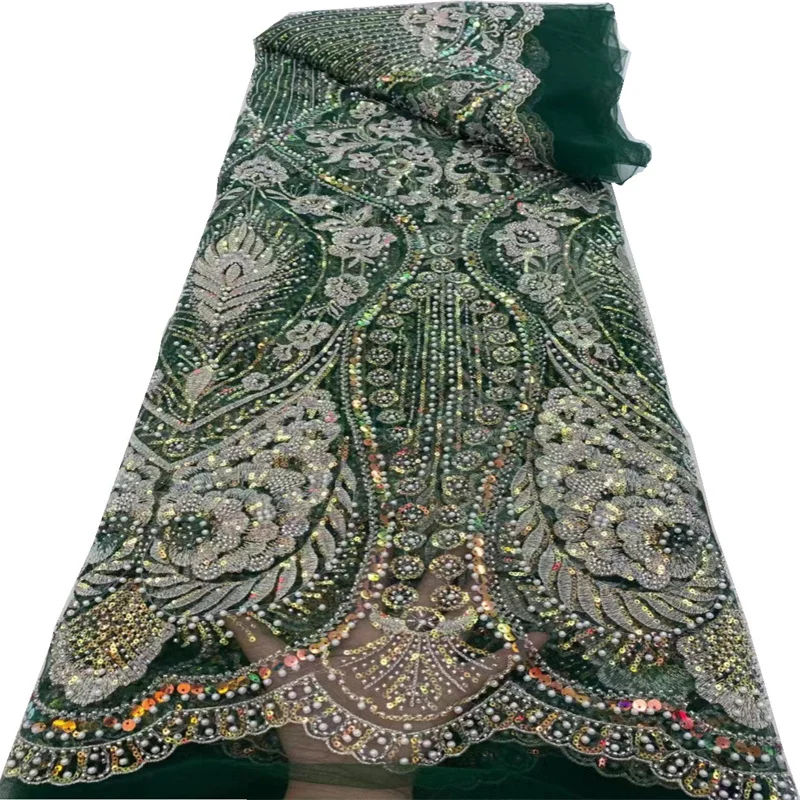 

5 Yards Nigerian African Sequins Lace Fabrics 2022 High Quality Green Tulle Material French Beaded Net Fabric For Dress Sewing