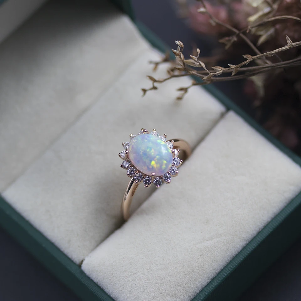 

Bolai white opal ring 925 sterling silver created gemstone fine jewelry halo rings for women wedding classic style oval 9*7mm