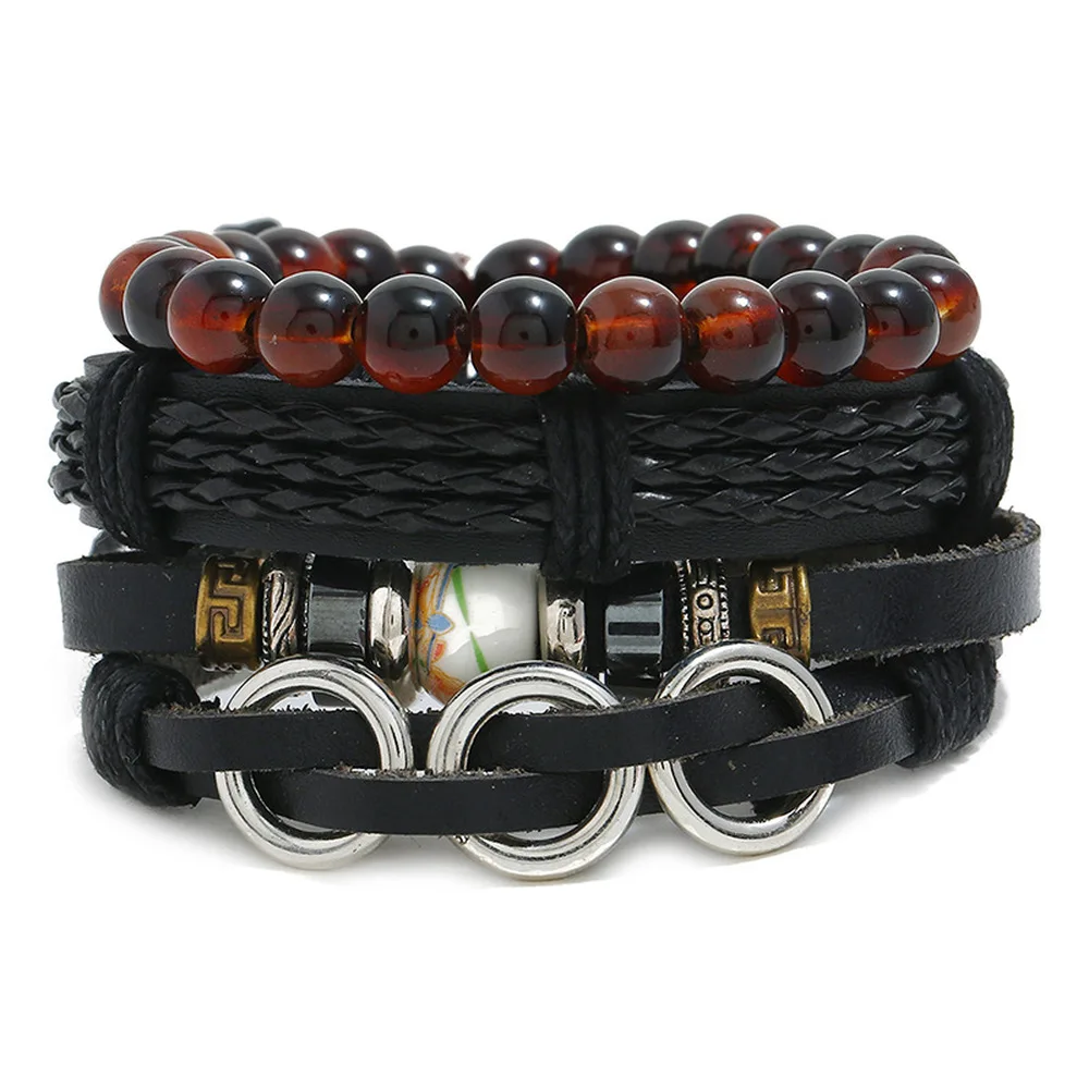 

Vintage 3Pcs/Sets egirl Leather Bracelet Sets beads Knitted Charm Multilayer Braided women men gothic Bangle Pulseira Masculina