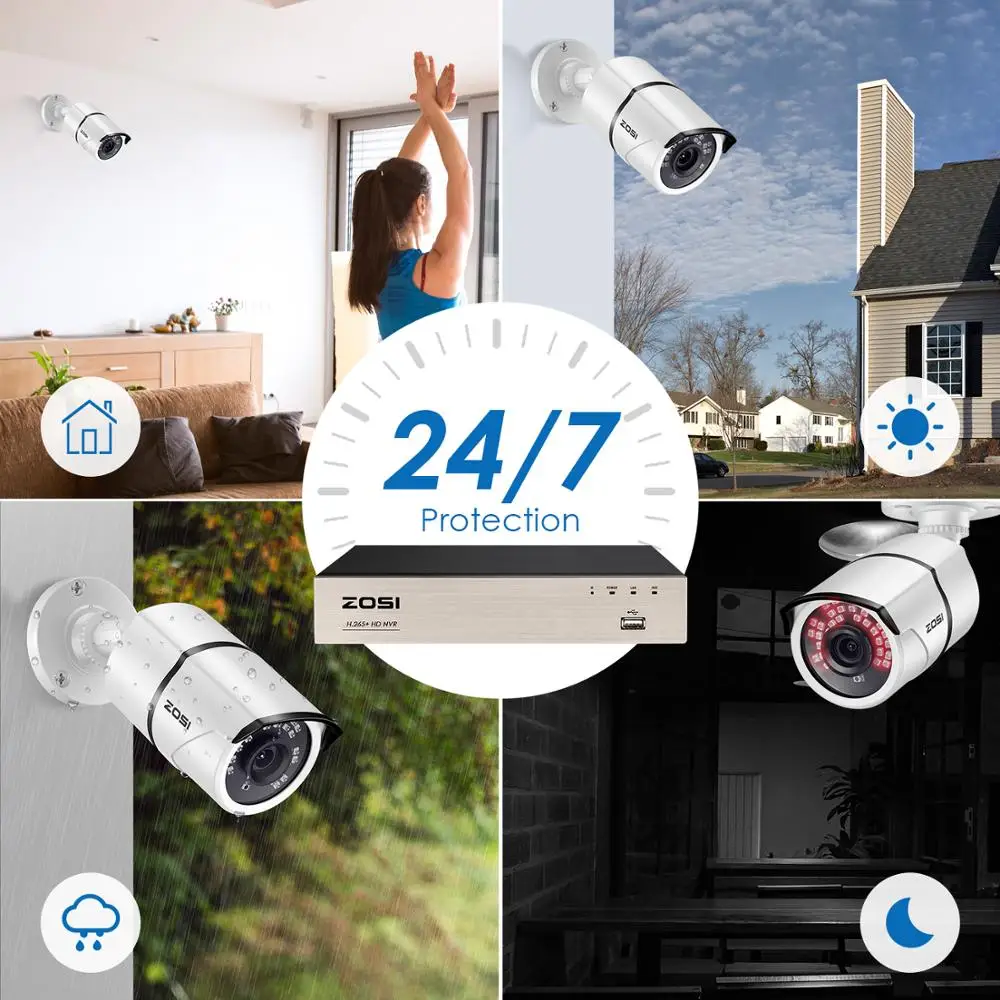 ZOSI 5Мп H.265 NVR комплект на 16 каналов с IP POE 4* 1080p наружными камерами видеонаблюдения
