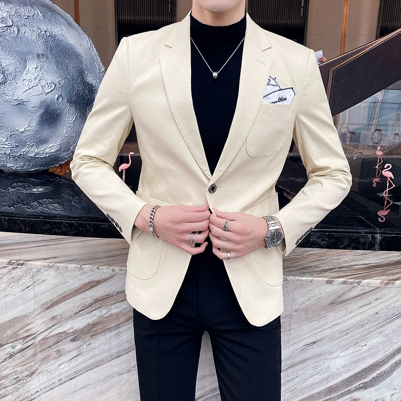 British style solid color business casual suit, trendy men's single-breasted suit Solid Double Button Notched Lapel Blazer
