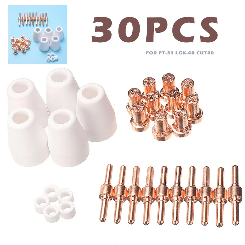 

30pcs Plasma Cutter Consumables Electrode Tip For Torch PT-31 LGK-40 CUT40 CUT50 Swirling Rings Electrode Shield Cups