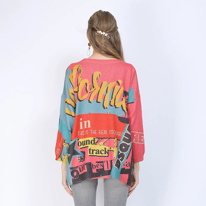 

Autumn Women's Ugly Sweater Casual Pullover Long Sleeve Top New Round Neck Loose Print Versatile Knitwear Basic Ladies Sweater