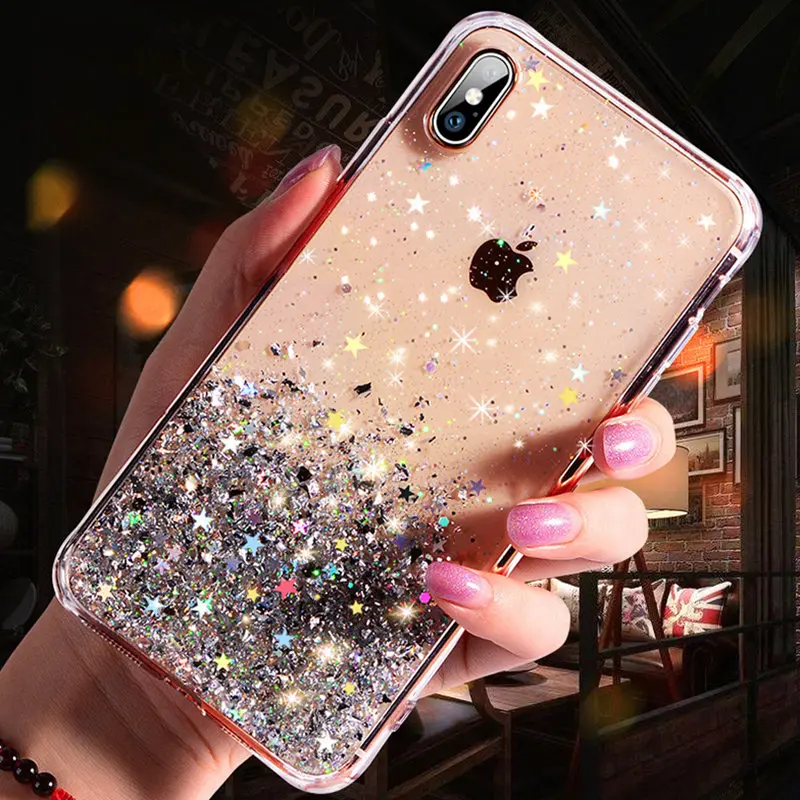 Блестящий Прозрачный чехол со звездами для iPhone 11 Pro X XR XS MAX 7 8 6s для samsung S10 S9 S8 Plus Note 10Pro 8 9 A10A20A30 A40A50A70 - Цвет: Transparent