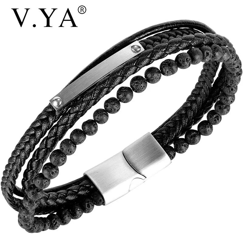 

V.YA Multi Layer Stainless Steel Bracelet For Men Magnetic Black Leather Bracelet Classic Braided Punk Rock Bangles Jewelry