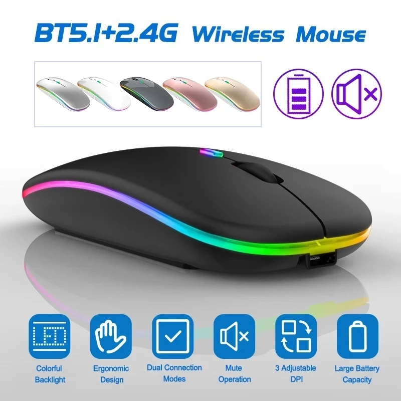 

Wirelesss Mouse Rechargeable USB Bluetooth Computer Mouse Ergonomic Silent Gaming Mause LED Backlit Optical Mice