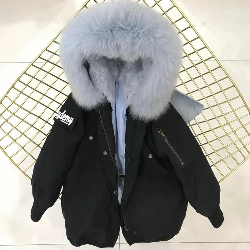 black sky blue fur Настоящий мех кролика, парки, пальто с капюшоном из лисьего меха, Детская куртка для мальчиков и девочек, ветровка, детская зимняя одежда - Цвет: black sky blue fur