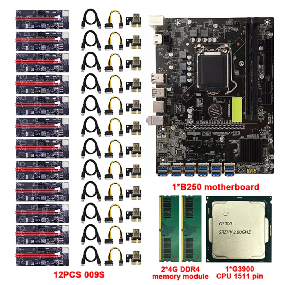 

B250 BTC 12P Mining Motherboard+G3900 CPU+2XDDR4 4G Memory+12X009S Adapter Miner Board Set LGA 1151 6/7 PCI-E X16/X1 USB2.0/3.0