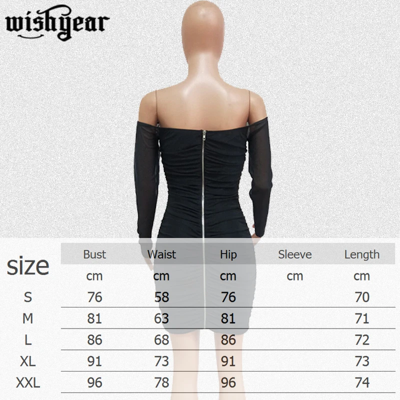 

Wishyear Fluorescent Solid Sheer Mesh Bandage Dress Zipper Slash Neck Off Shoulder Long Sleeve Ruched Mini Bodycon Club Dress