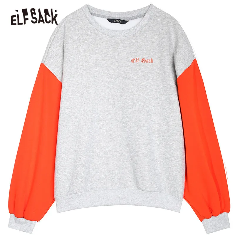 ELFSACK, серый, цветной, с вышивкой крысы, корейский пуловер, Женская толстовка, зима, пэчворк, рукав, для офиса, для девушек, базовые Топы