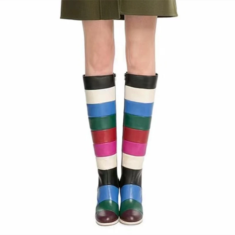Mixed Print New Model Heels Shoes Boots Gradient Color Fashion Women's Knee High Boots Round Toe Zip Big Size 46